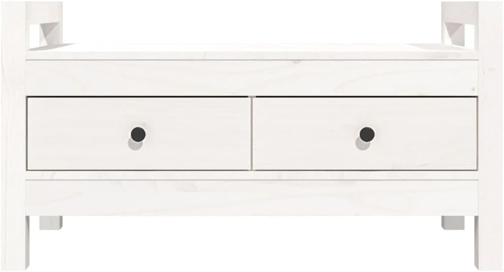 Biała Ławka do przedpokoju, biały, 80x40x43 cm, lite drewno sosnowe – biała ławka z dwoma szufladami