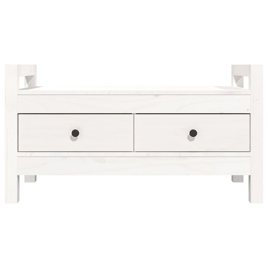 Biała Ławka do przedpokoju, biały, 80x40x43 cm, lite drewno sosnowe – biała ławka z dwoma szufladami
