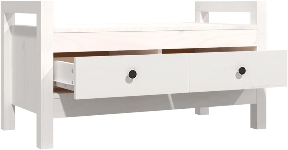 Biała Ławka do przedpokoju, biały, 80x40x43 cm, lite drewno sosnowe – biała ławka z dwoma szufladami