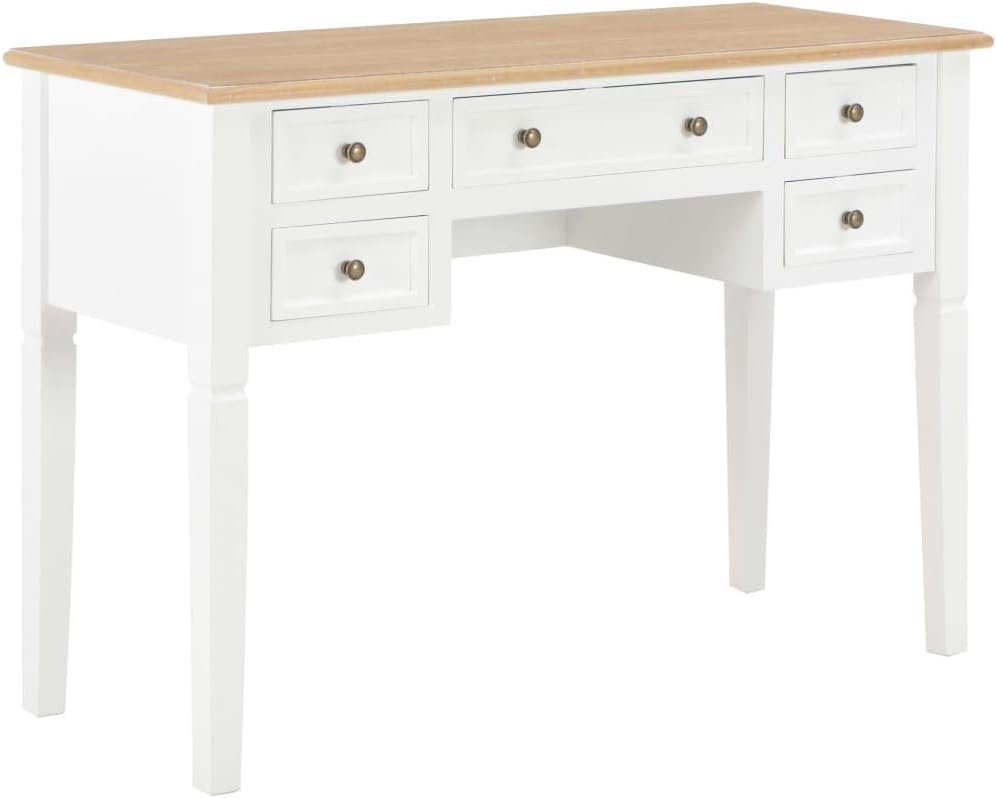 Biurko białe z drewnianym blatem, 109,5 x 45 x 77,5 cm, drewniane – biurko w stylu skandynawskim białe