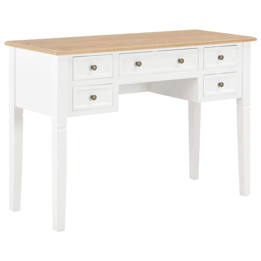 Biurko białe z drewnianym blatem, 109,5 x 45 x 77,5 cm, drewniane – biurko w stylu skandynawskim białe