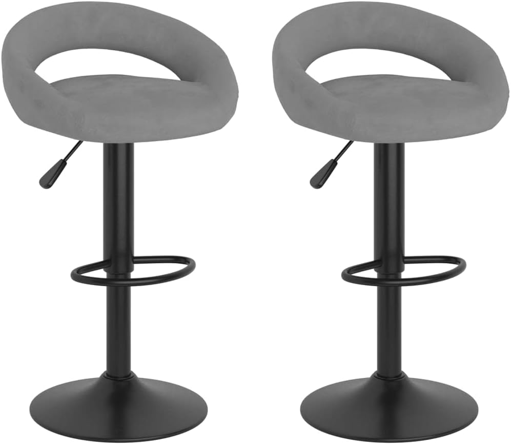 Jasnoszare stołki barowe 2 szt. - Nowoczesne hokery obrotowe, aksamitne, regulacja wysokości 75-97 cm