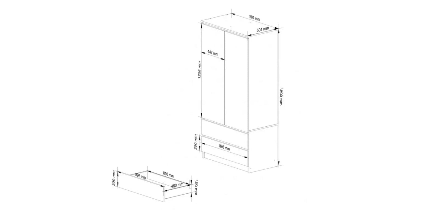 Szara szafa na ubrania 2-drzwiowa z 4 wkładanymi półkami, 2 szufladami i drążkiem – szafa garderobiana do sypialni i korytarza, 180x90x51 cm