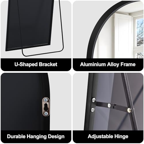 COFENY Lustro na łukowatej podstawie, duże lustro ścienne z aluminiową ramą 40 x 150 cm, wiszące lub wiszące lustro do salonu, sypialni, przedpokoju, czarne