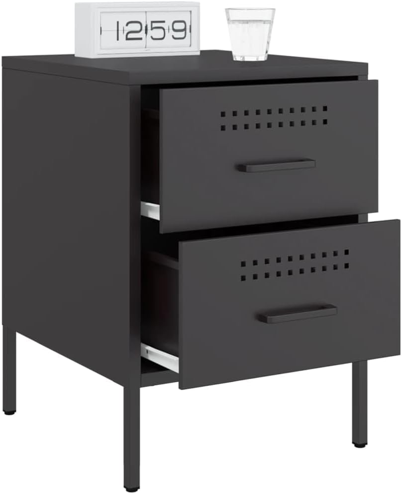 Szafka nocna czarna, 36x39x50,5 cm – stalowy mebel industrialny z 2 szufladami do sypialni