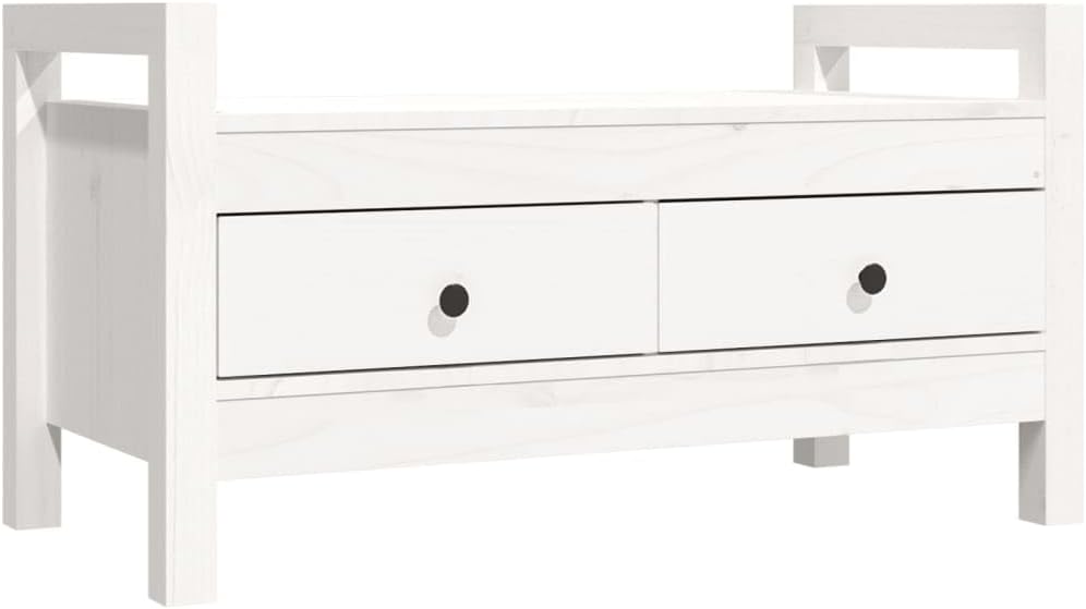 Biała Ławka do przedpokoju, biały, 80x40x43 cm, lite drewno sosnowe – biała ławka z dwoma szufladami