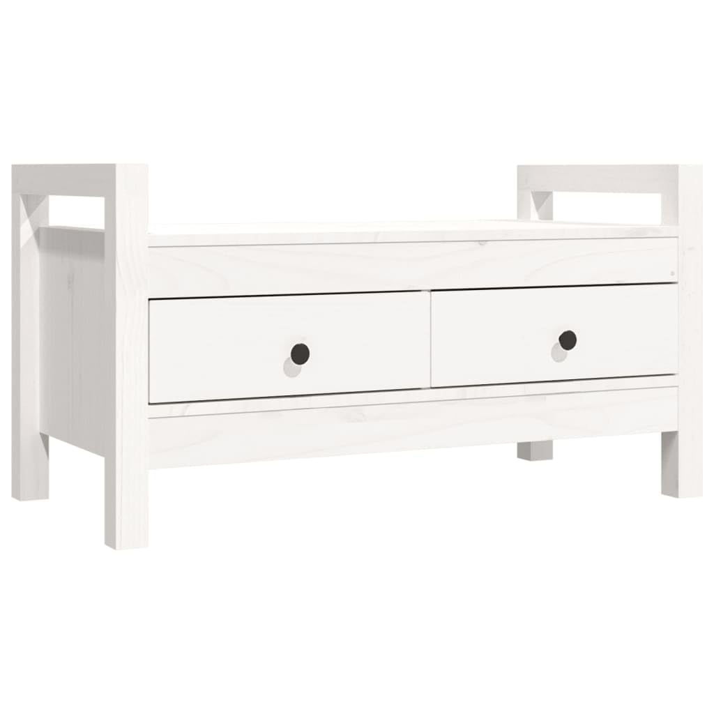 Biała Ławka do przedpokoju, biały, 80x40x43 cm, lite drewno sosnowe – biała ławka z dwoma szufladami
