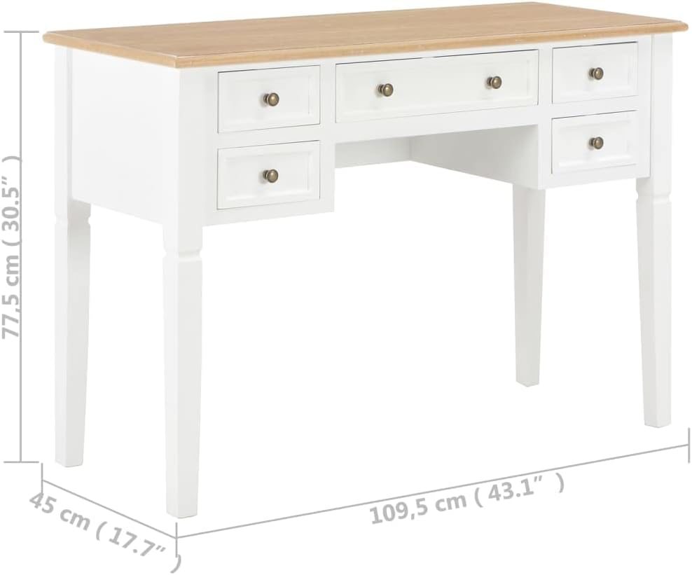 Biurko białe z drewnianym blatem, 109,5 x 45 x 77,5 cm, drewniane – biurko w stylu skandynawskim białe