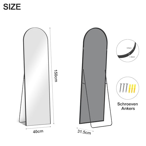 COFENY Lustro na łukowatej podstawie, duże lustro ścienne z aluminiową ramą 40 x 150 cm, wiszące lub wiszące lustro do salonu, sypialni, przedpokoju, czarne