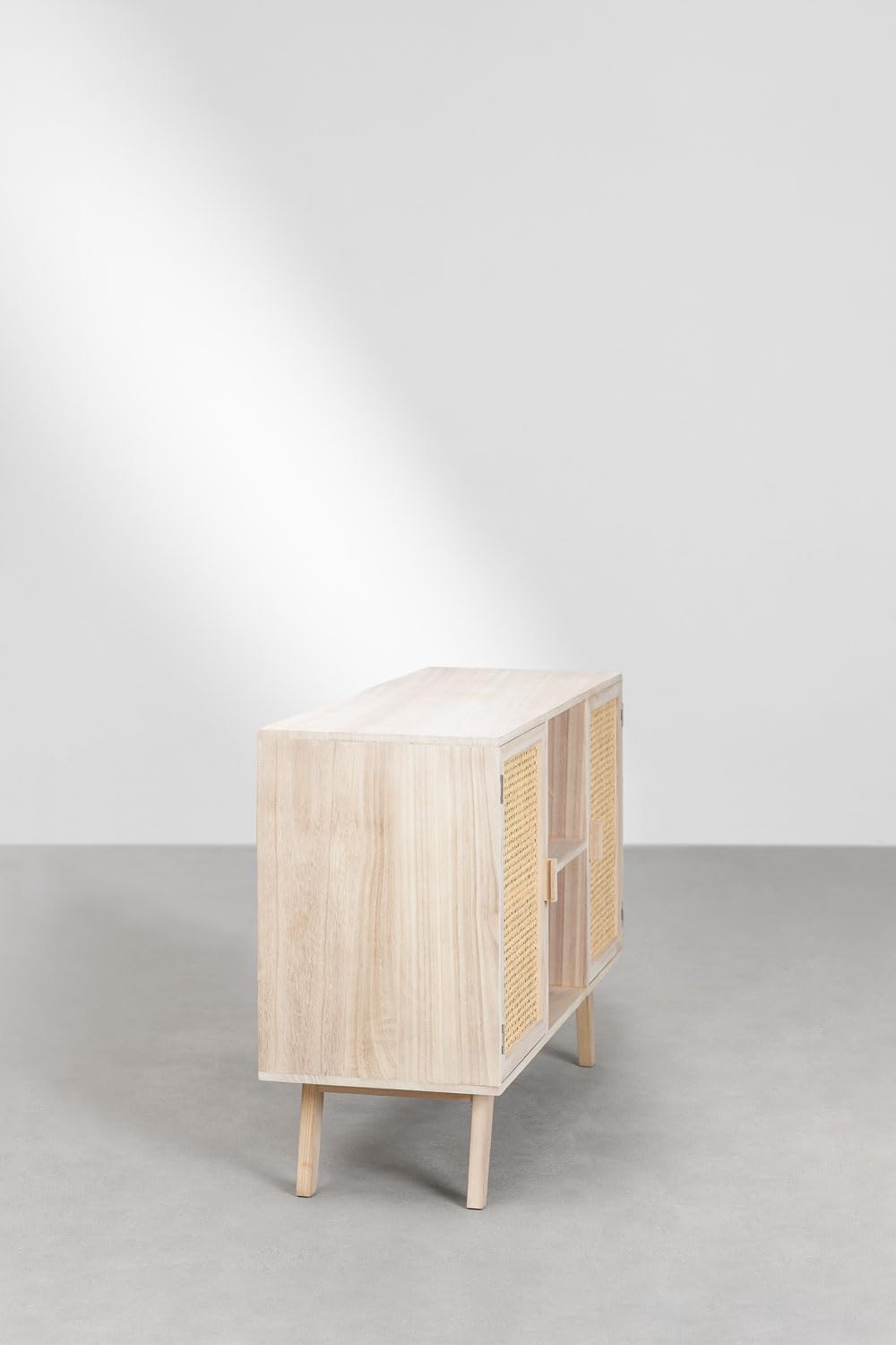 Skandynawski Kredens z Drewna Paulowni i Rattanowym Frontem – Elegancki Mebel Vintage