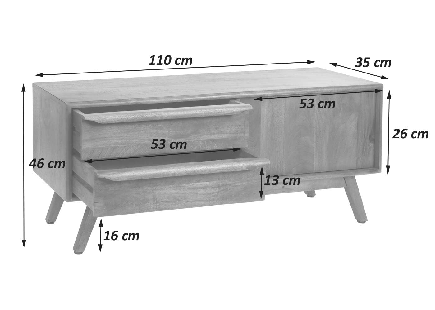 Szafka RTV z Litego Drewna Mango w stylu skandynawskim, prosta nowoczesna szafka pod telewizor 110cm