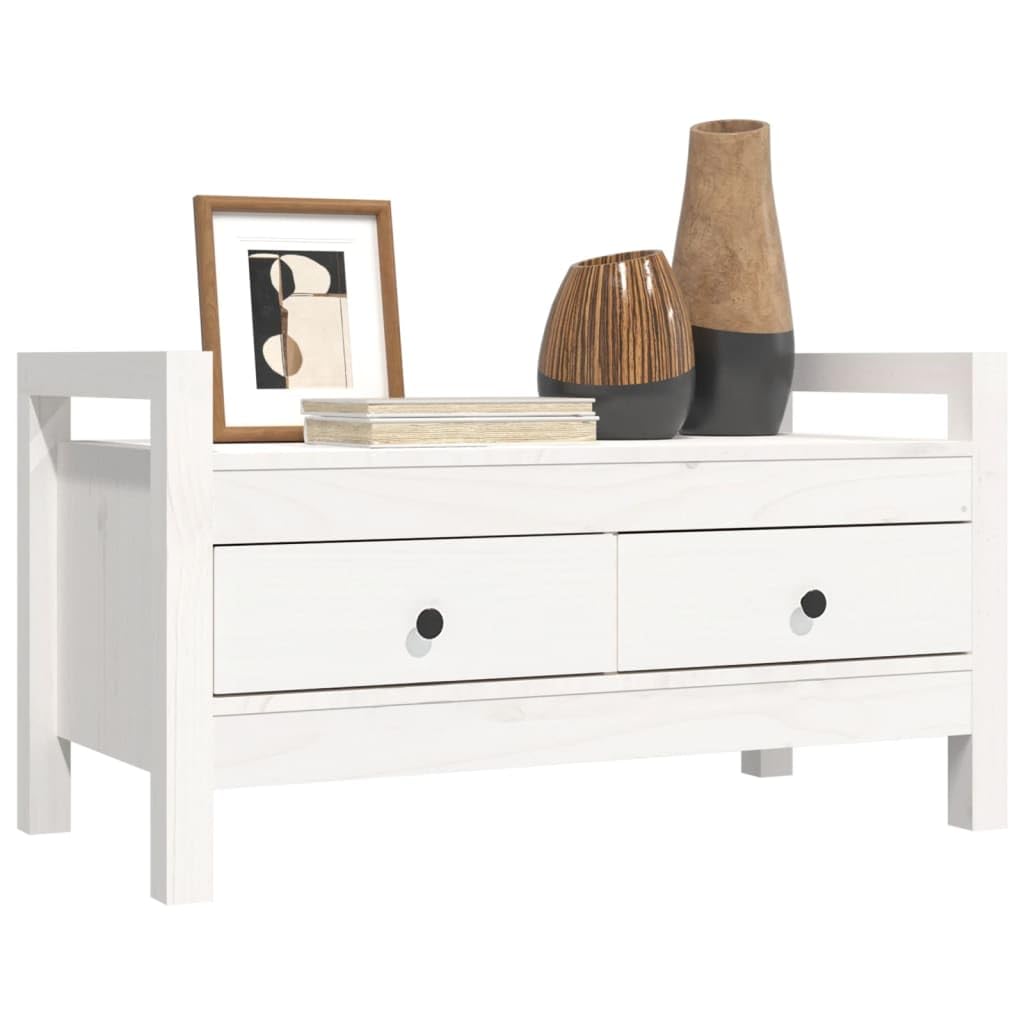 Biała Ławka do przedpokoju, biały, 80x40x43 cm, lite drewno sosnowe – biała ławka z dwoma szufladami