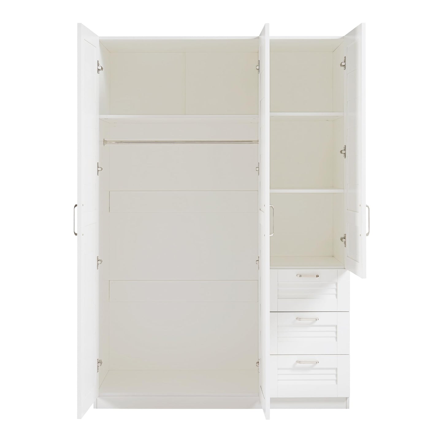 Biała Szafa 3-drzwiowa 176x120x52 cm – szafa na ubrania z 1 drążkiem, 4 półkami i 3 szufladami, biała szafa do sypialni