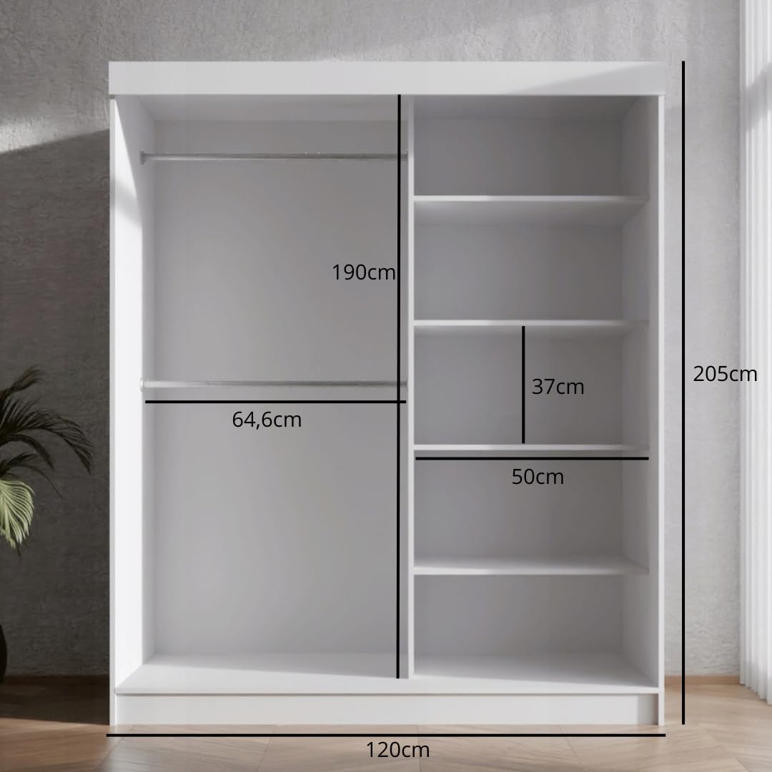 Biała Elegancka szafa z 4 półkami i 2 drążkami, Biała szafa przesuwna z lustrem – Dąb + pełne lustro, 120x205 cm