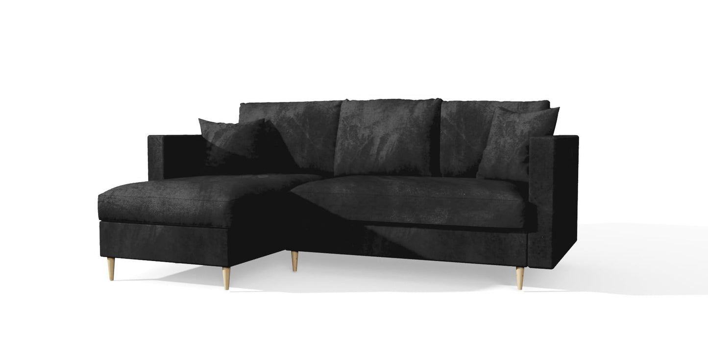 Sofa narożna z funkcją spania – kanapa – możliwość montażu z lewej lub prawej strony (czarna)