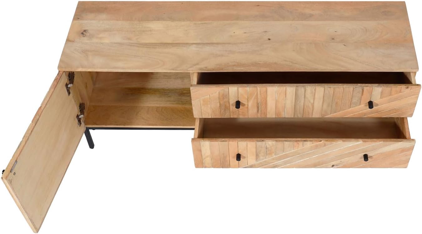 Szafka RTV Mendler L95 z Drewna Mango i Metalowymi Nóżkami – 56x145x43 cm, Naturalna Komoda 145cm