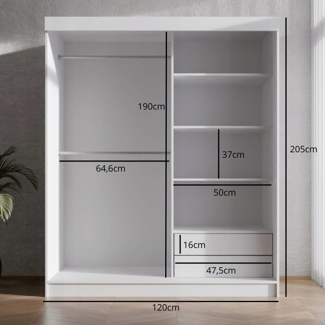 Biała Elegancka szafa z 4 półkami i 2 drążkami, Biała szafa przesuwna z lustrem – Dąb + pełne lustro, 120x205 cm