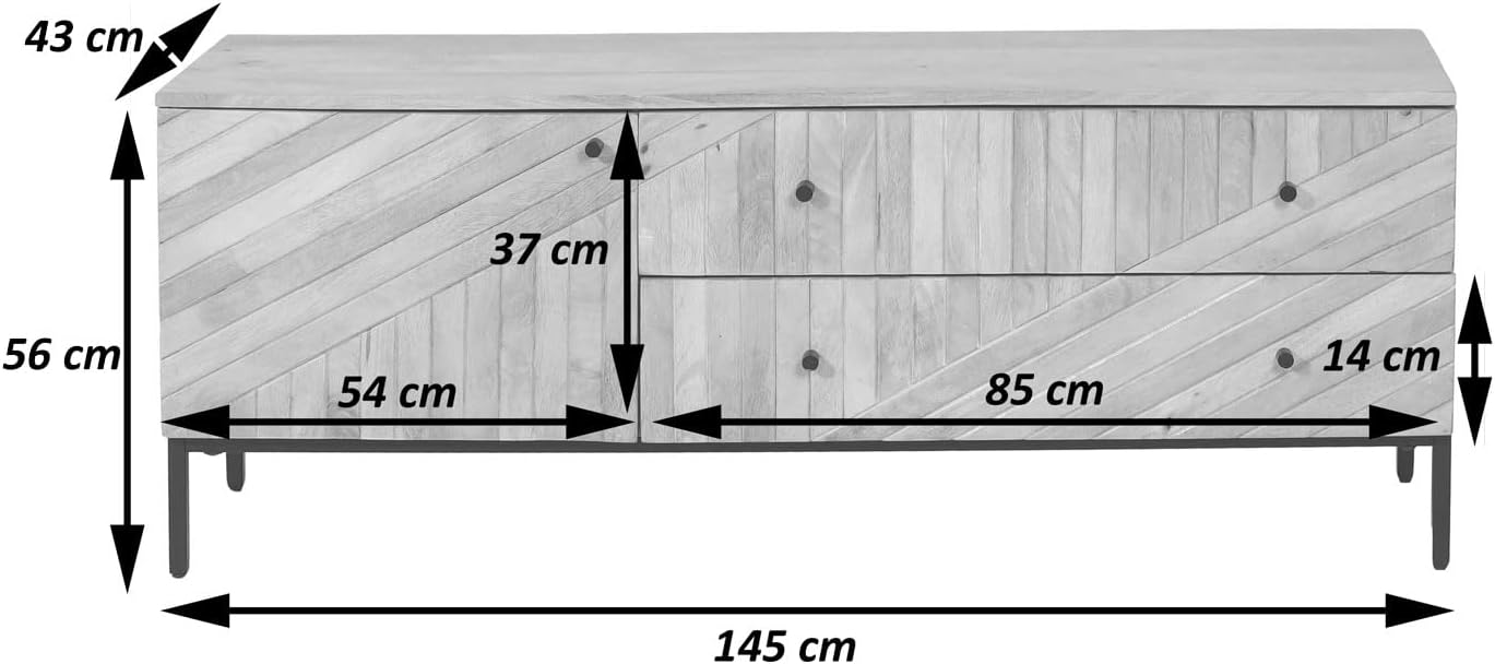 Szafka RTV Mendler L95 z Drewna Mango i Metalowymi Nóżkami – 56x145x43 cm, Naturalna Komoda 145cm