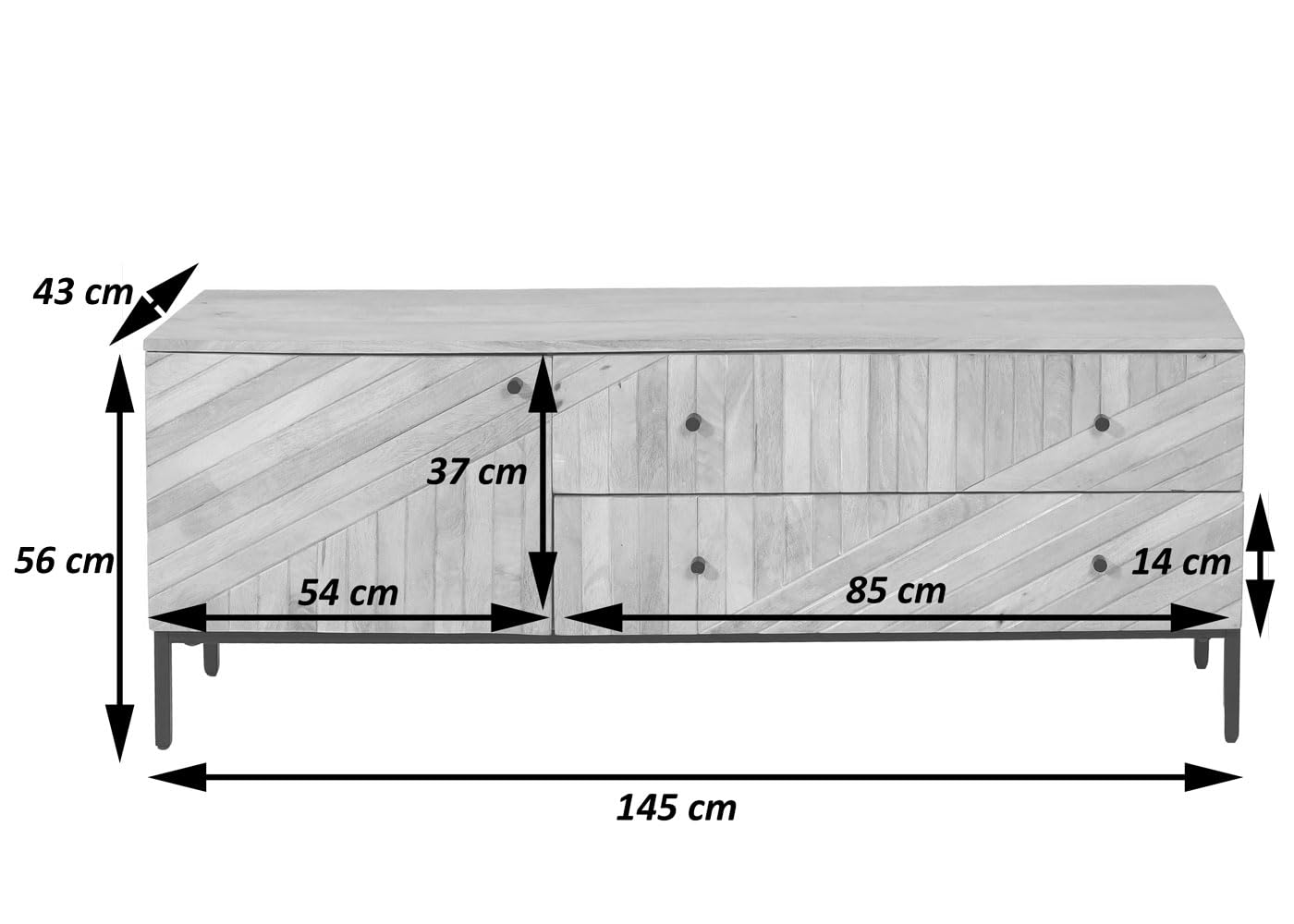 Szafka RTV Mendler L95 z Drewna Mango i Metalowymi Nóżkami – 56x145x43 cm, Naturalna Komoda 145cm
