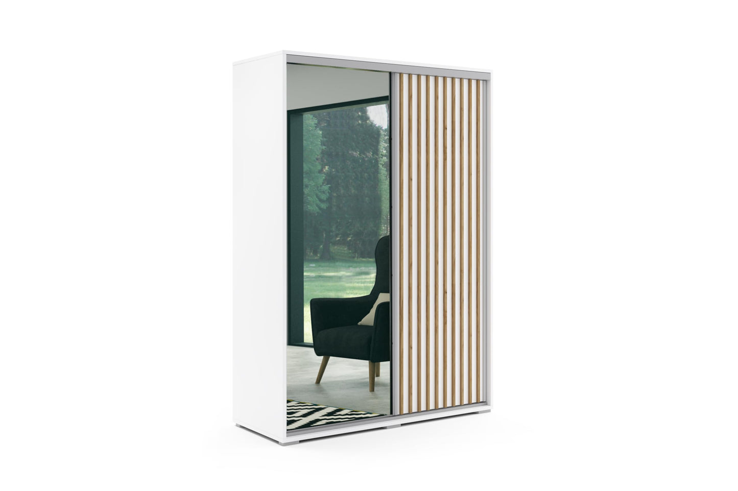Szafa z lustrem i drzwiami przesuwnymi – 150x215x62 cm, biała z ozdobnymi lamelami w kolorze dębu, z półkami i drążkiem na ubrania