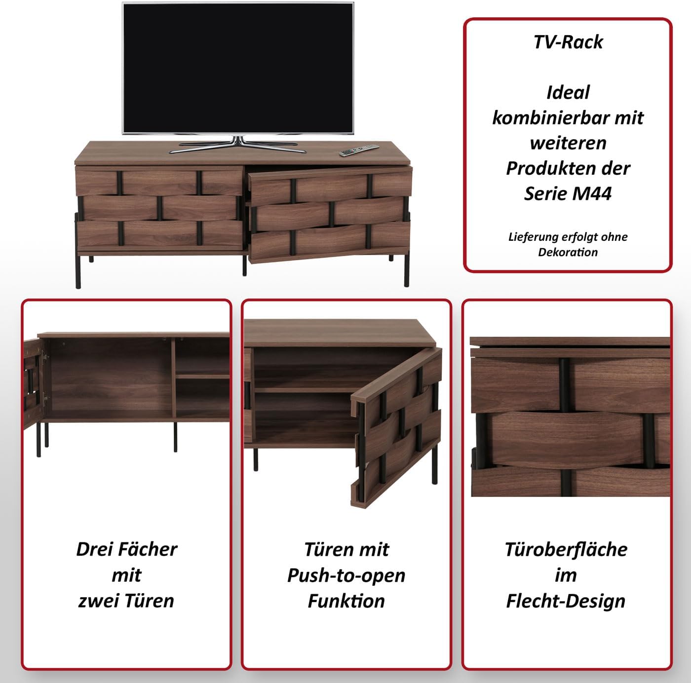 Szafka RTV z Wzorem 3D, funkcja Push-to-Open – Brązowa Komoda, 120 cm