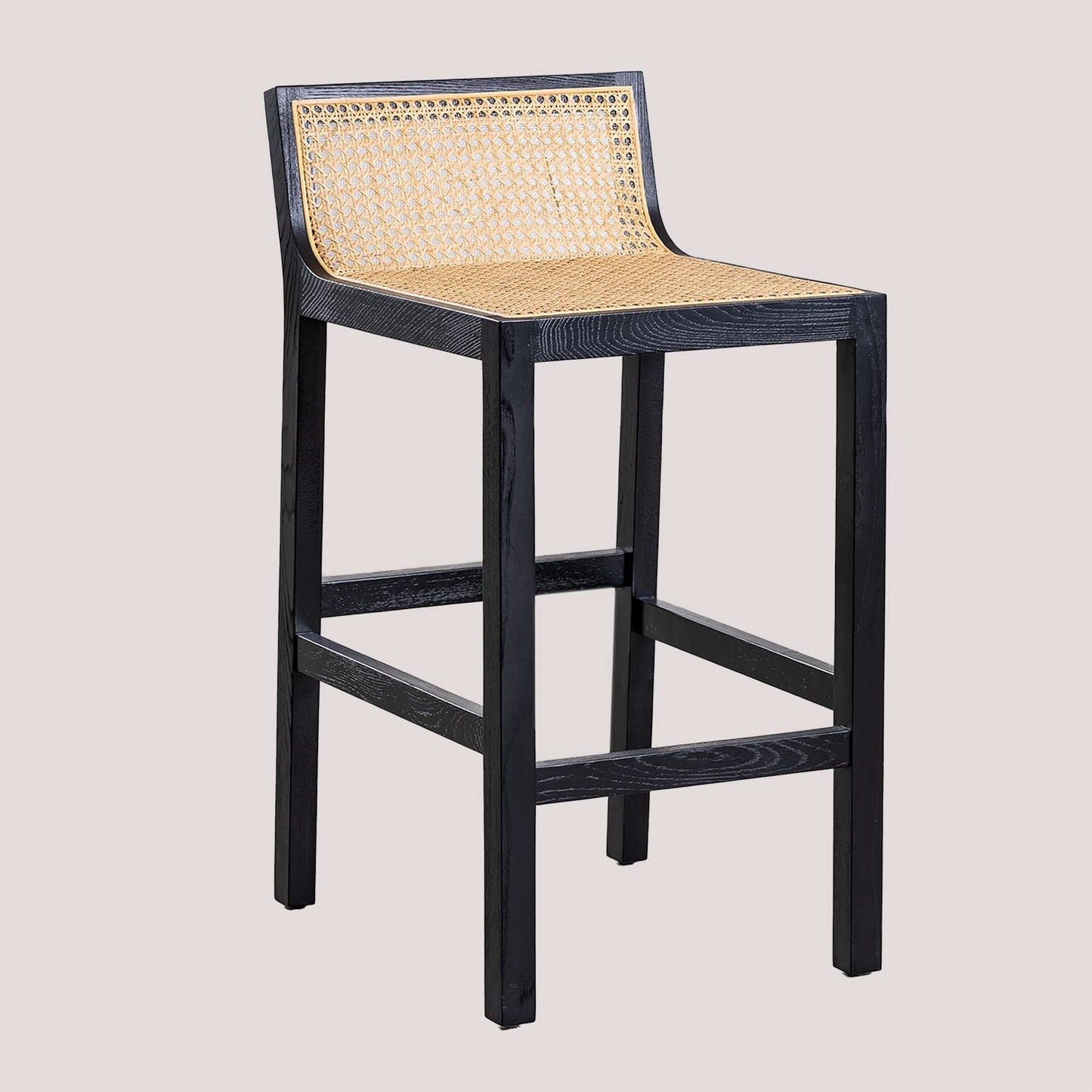 Czarny wysoki taboret rattanowy - Drewniany rattanowy, vintage, hoker z czarnego drewna
