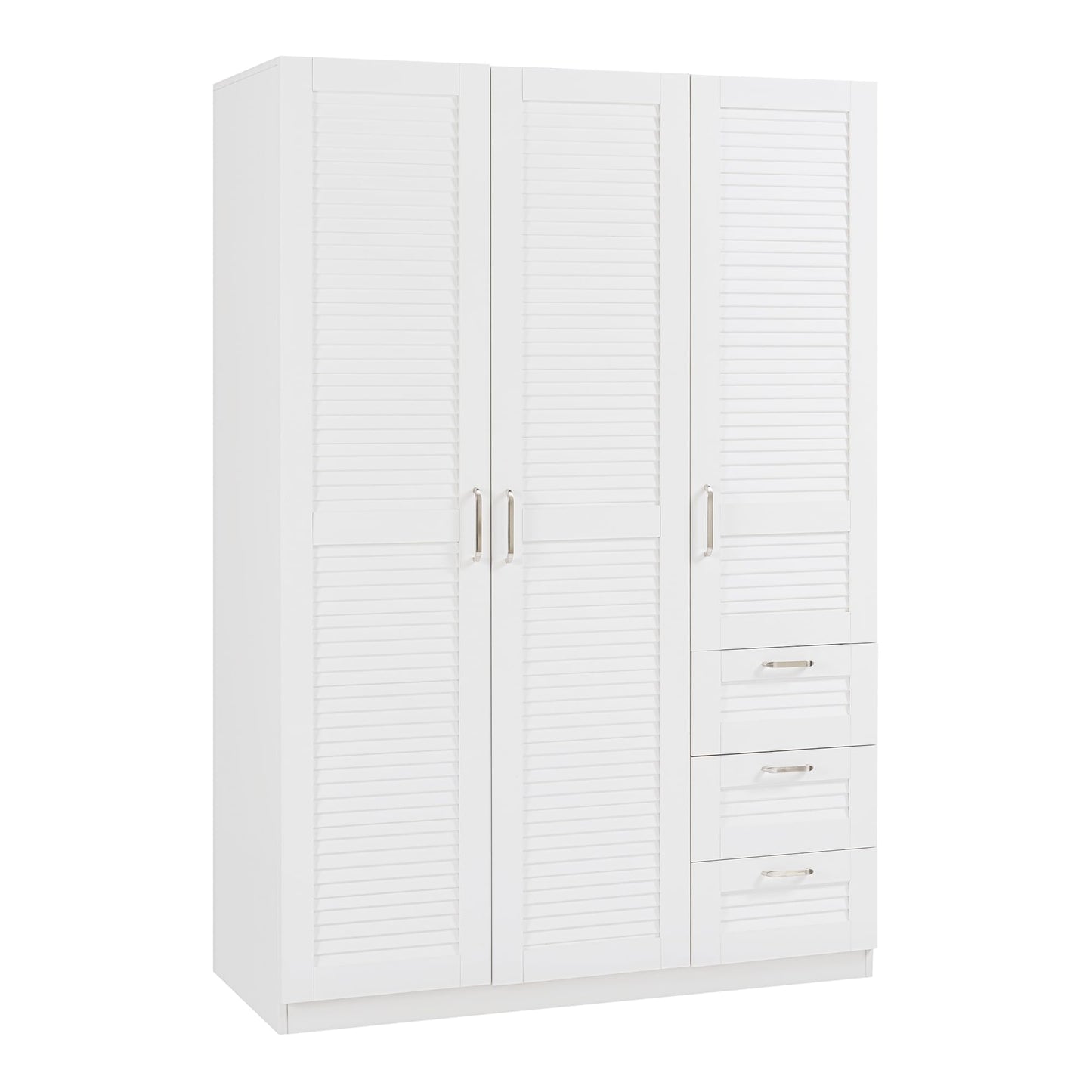 Biała Szafa 3-drzwiowa 176x120x52 cm – szafa na ubrania z 1 drążkiem, 4 półkami i 3 szufladami, biała szafa do sypialni