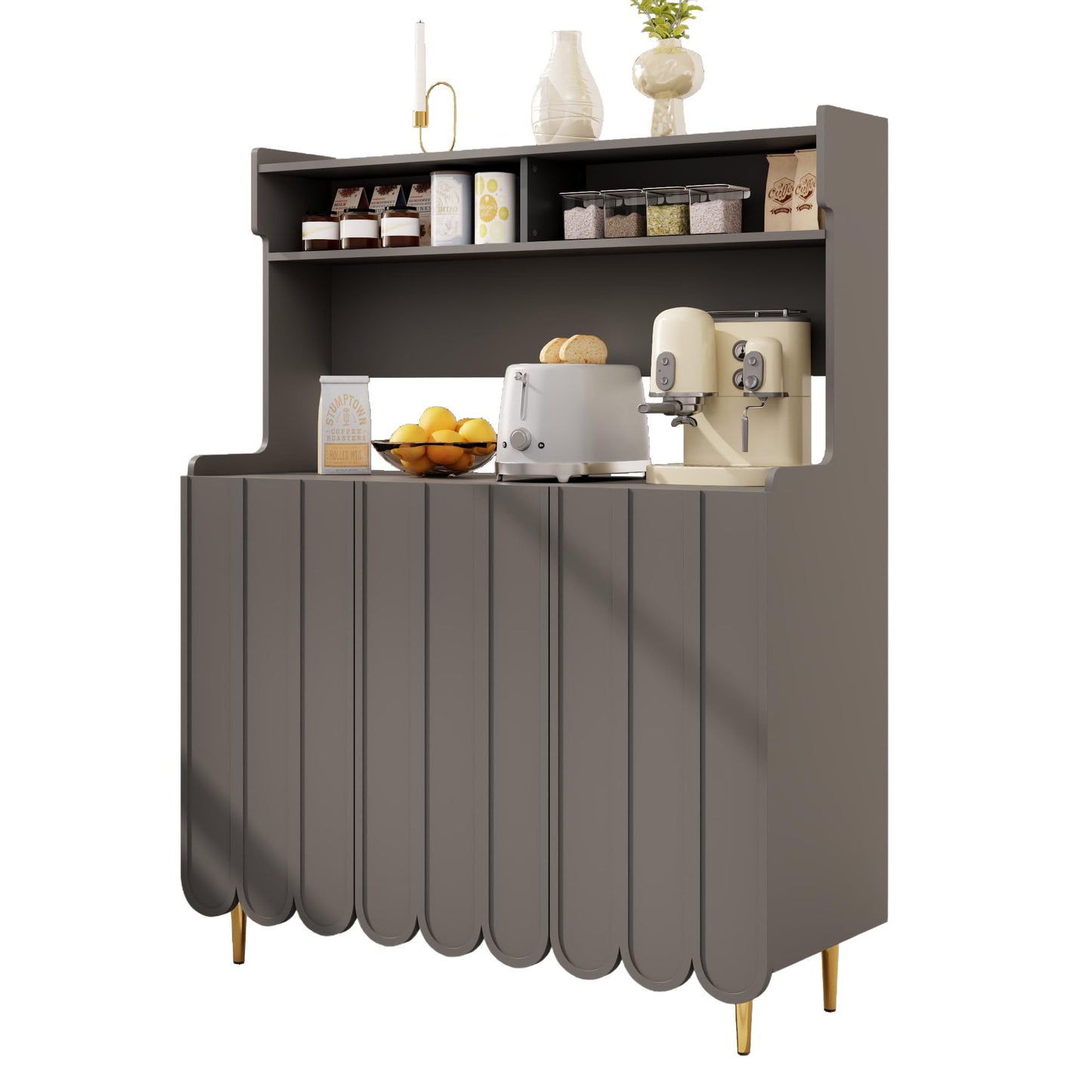 Komoda do salonu 120 cm z 2 szklanymi drzwiami i 3 szufladami – szafka kuchenna 120cm, jadalni, szary