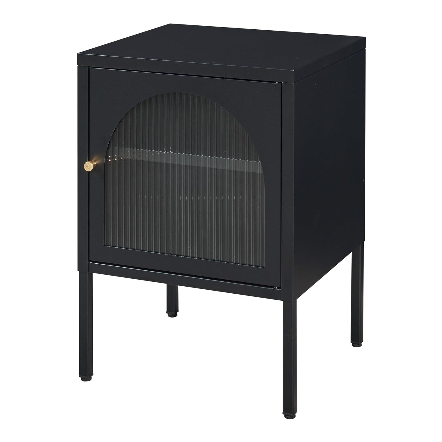 Czarny metalowy stolik nocny, 60x42,5x40 cm, stolik z przeszklonymi drzwiczkami – elegancki stolik pomocniczy