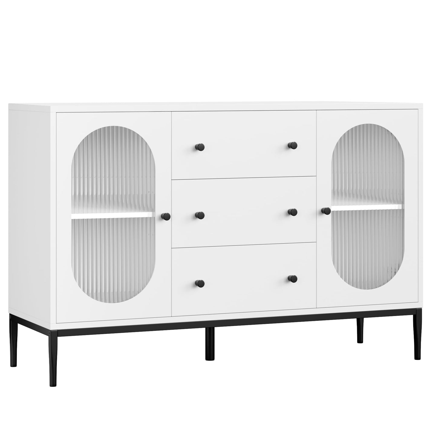 Szafka bufetowa 120 cm z 2 szklanymi drzwiami, 3 szufladami i regulowanym regałem – nowoczesna szafka kuchenna do salonu, kuchni i jadalni