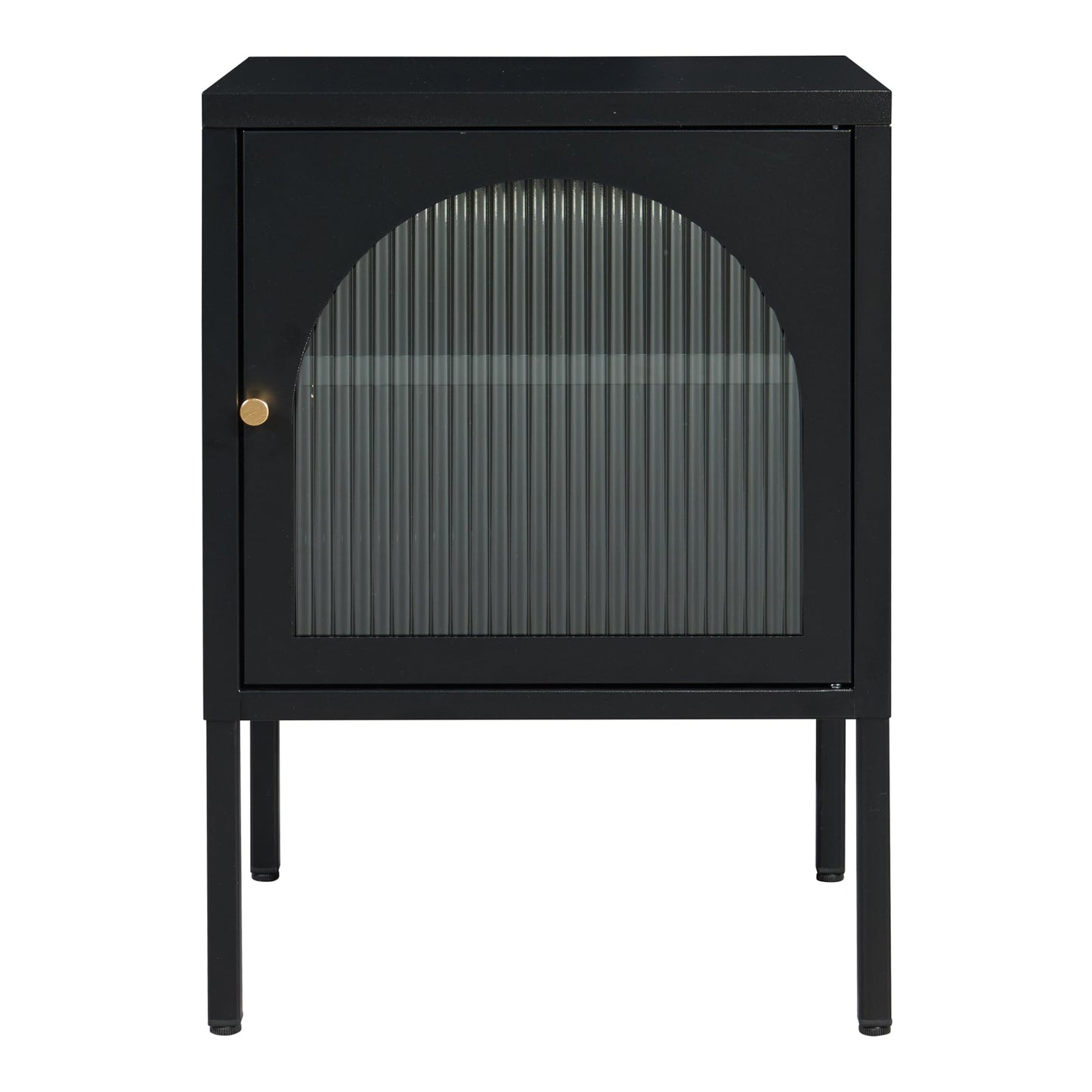 Czarny metalowy stolik nocny, 60x42,5x40 cm, stolik z przeszklonymi drzwiczkami – elegancki stolik pomocniczy
