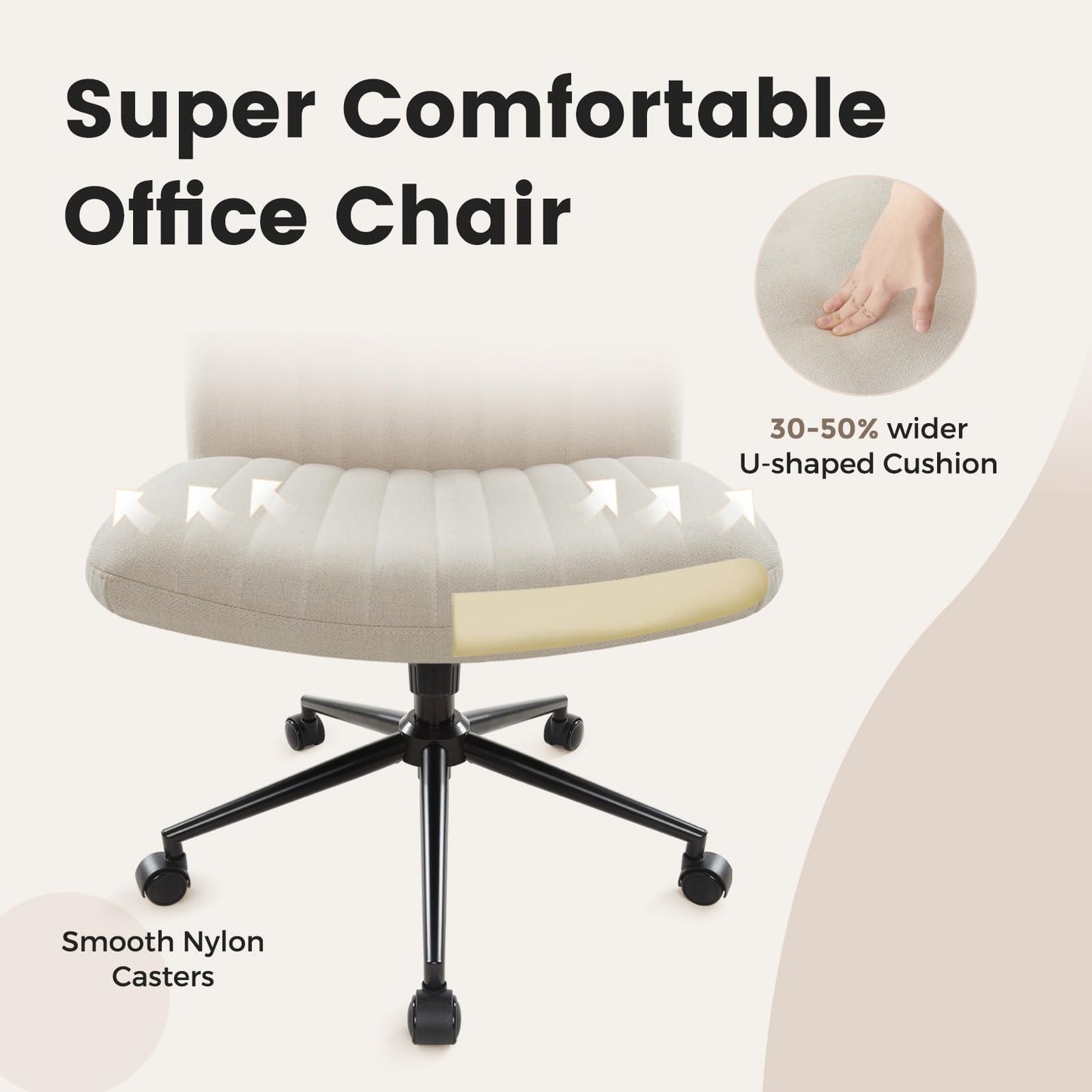 Krzesło biurowe bez podłokietników, obrotowe z kółkami, z wyściółką materiałową, fotel do czytania z szeroką poduszką (beżowe)