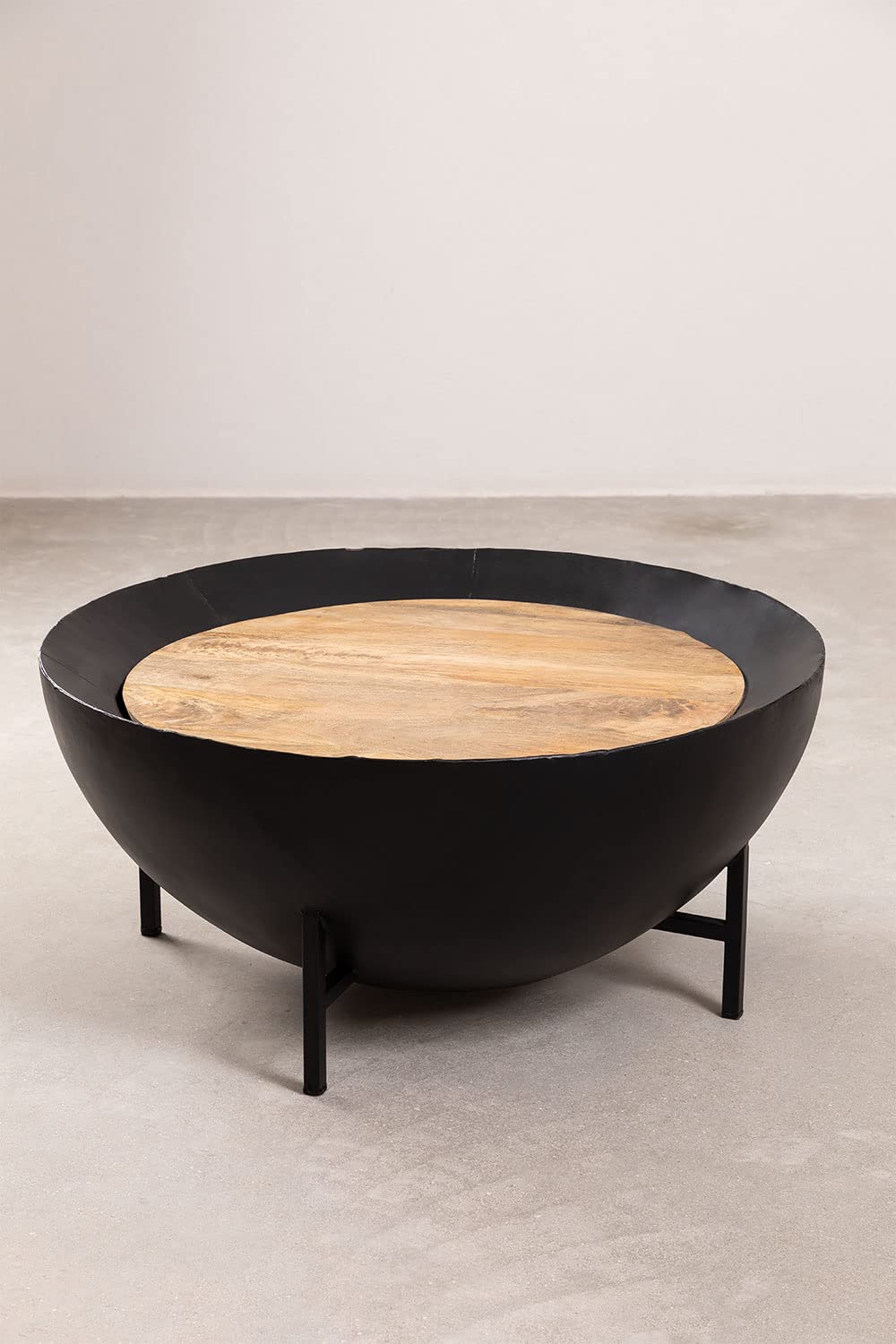 Stolik kawowy okrągły 90 cm - nowoczesny stolik z drewna mango na metalowej podstawie - okrągły stolik kawowy z metalu i drewna