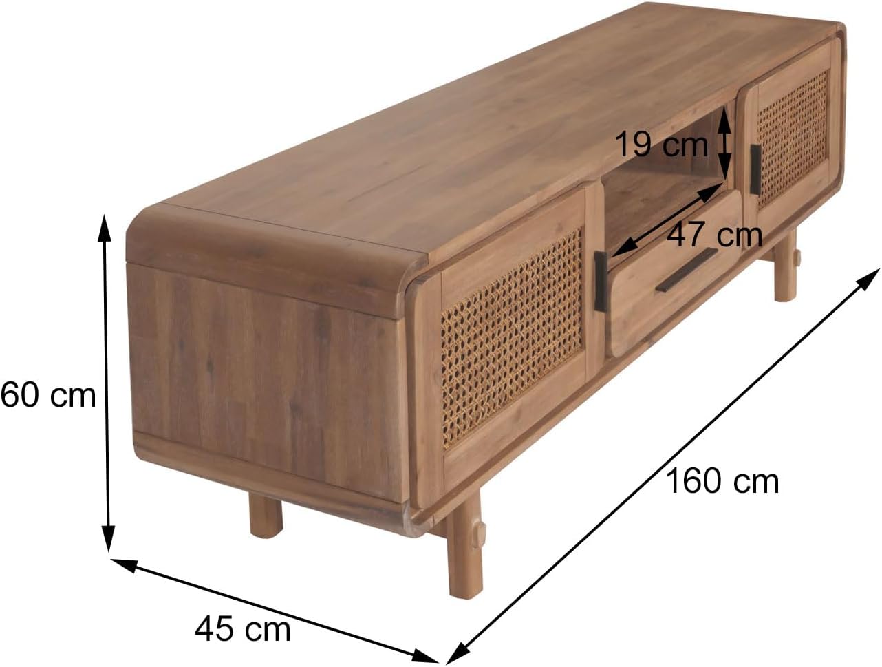 Szafka RTV z Rattanem i Drewna Akacjowego – 160x45x60 cm, Szafka pod telewizor z akacji 160cm