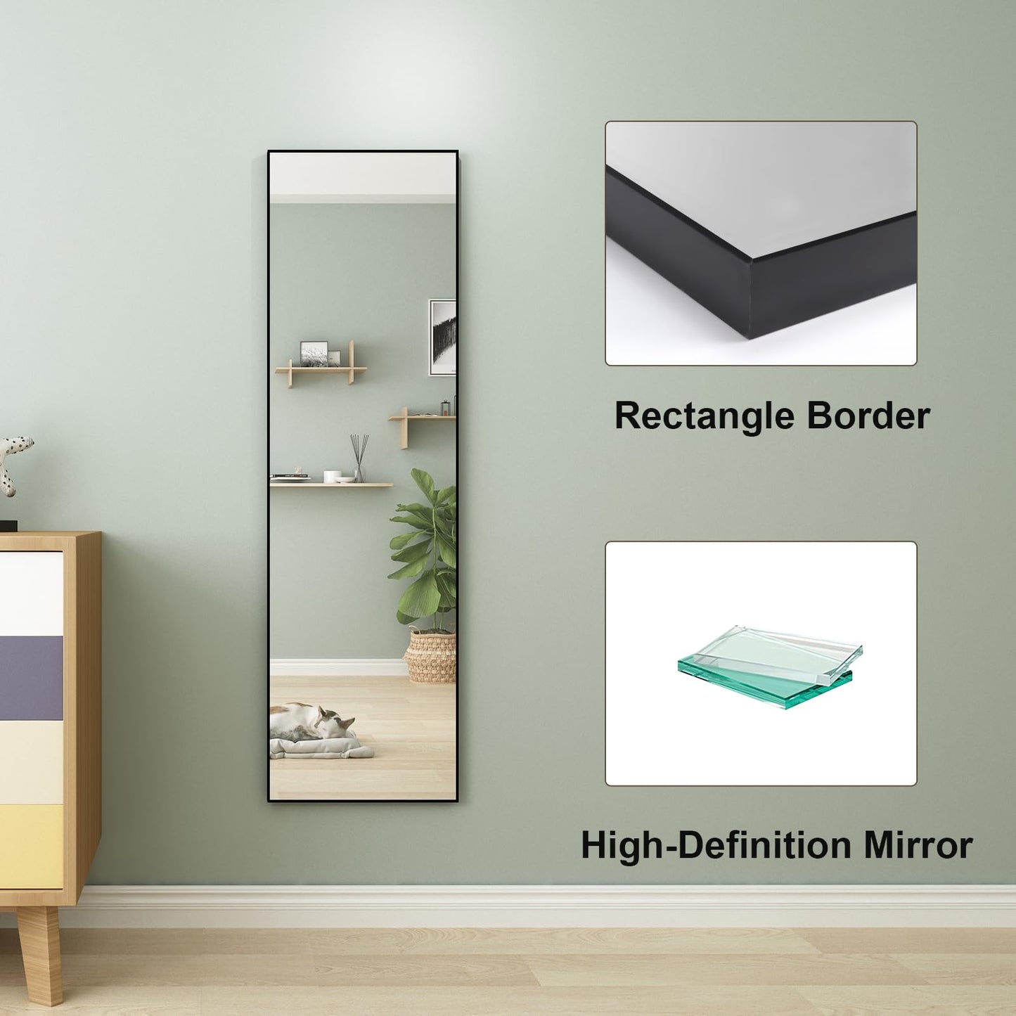 Vasemouh Lustro na całe ciało 140 x 41 cm z czarną ramą i ochroną przed odpryskami, duże lustro ścienne lub stojące, do sypialni, łazienki, salonu lub garderoby