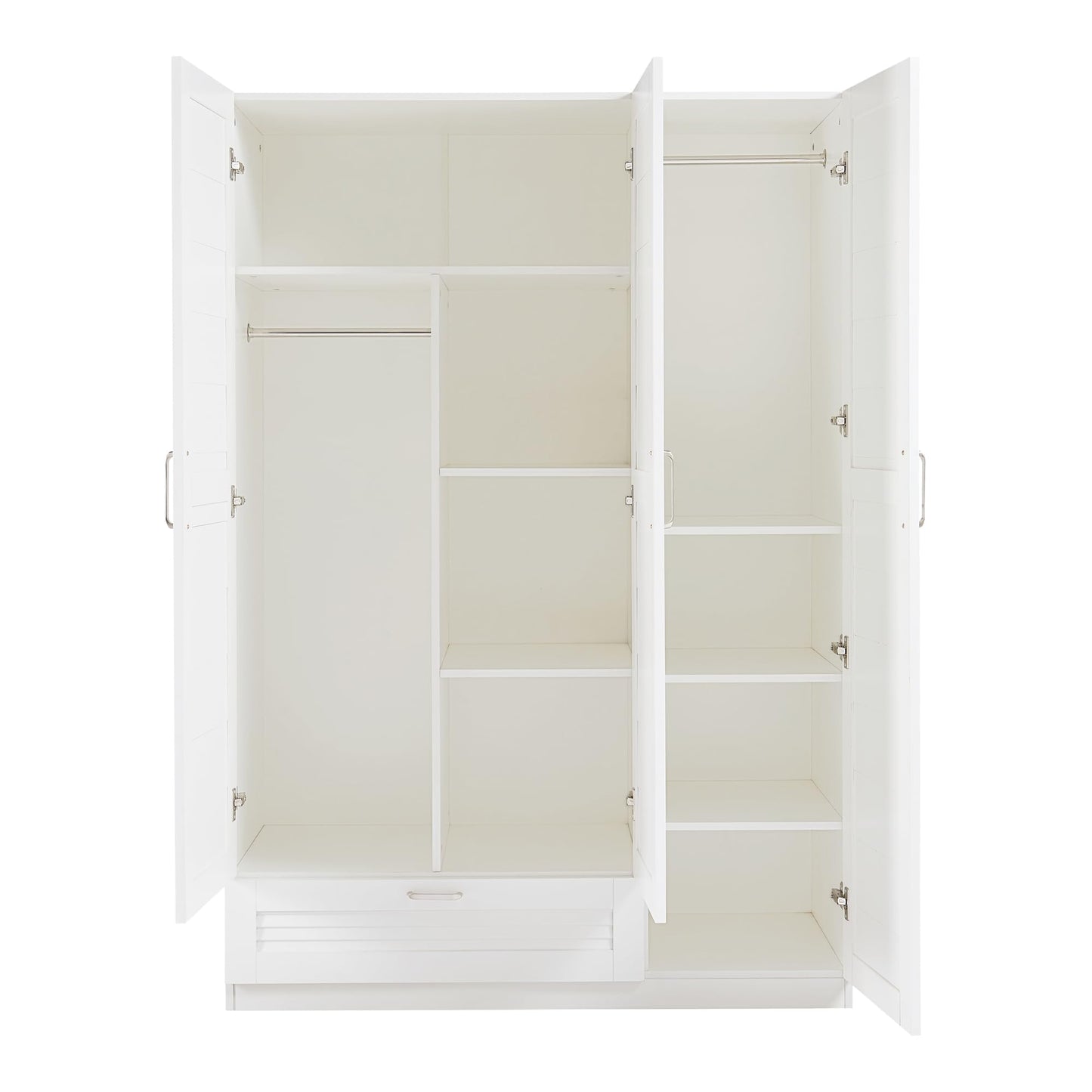 Biała szafa na ubrania 3-drzwiowa 176x120x52 cm – szafa garderobiana z 2 drążkami, 7 półkami i 1 szufladą