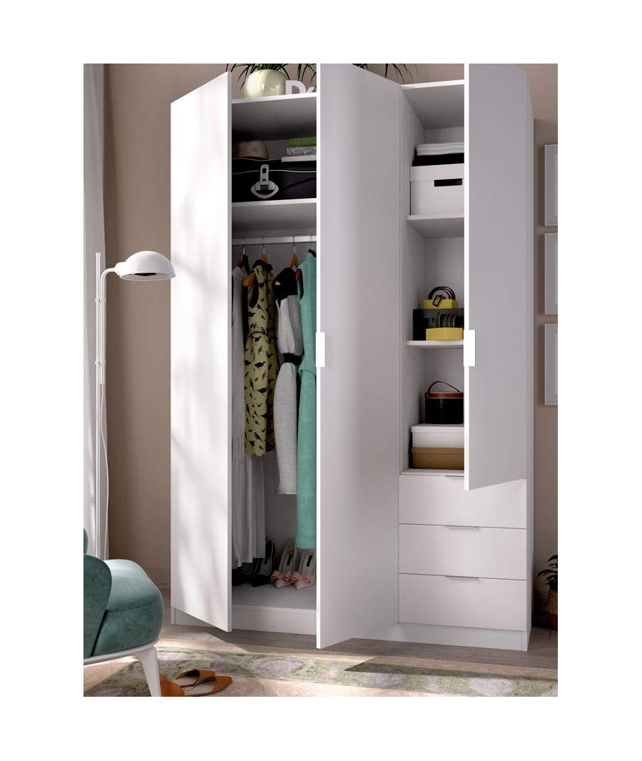 Biała 3-drzwiowa Szafa z szufladami – biała, 121x52x184 cm, melamina - szafa z szufladami i drzwiami do sypialni