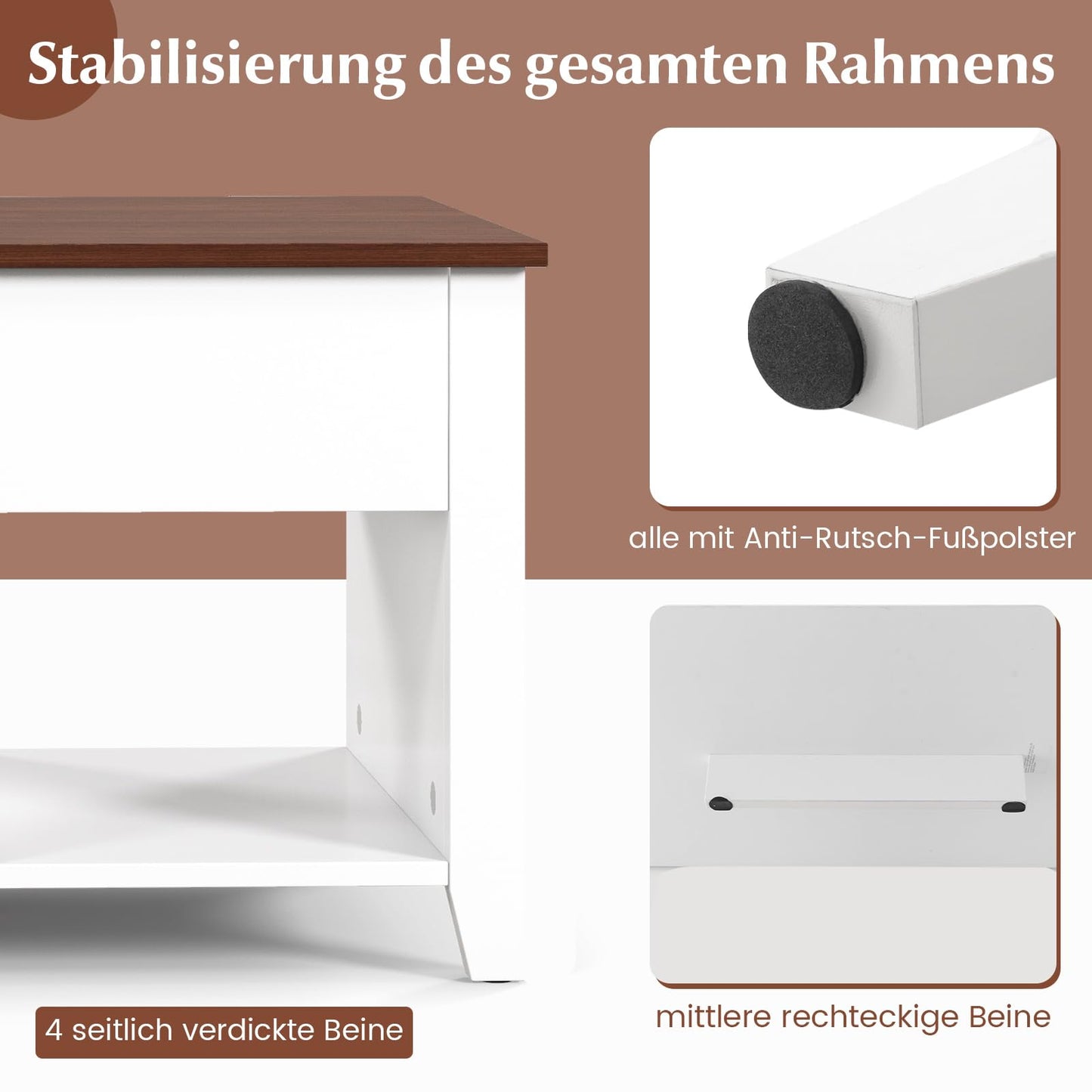 Stolik kawowy z regulacją wysokości, białe drewno, schowek i 3 półki - stolik kawowy z miejscem na laptopa