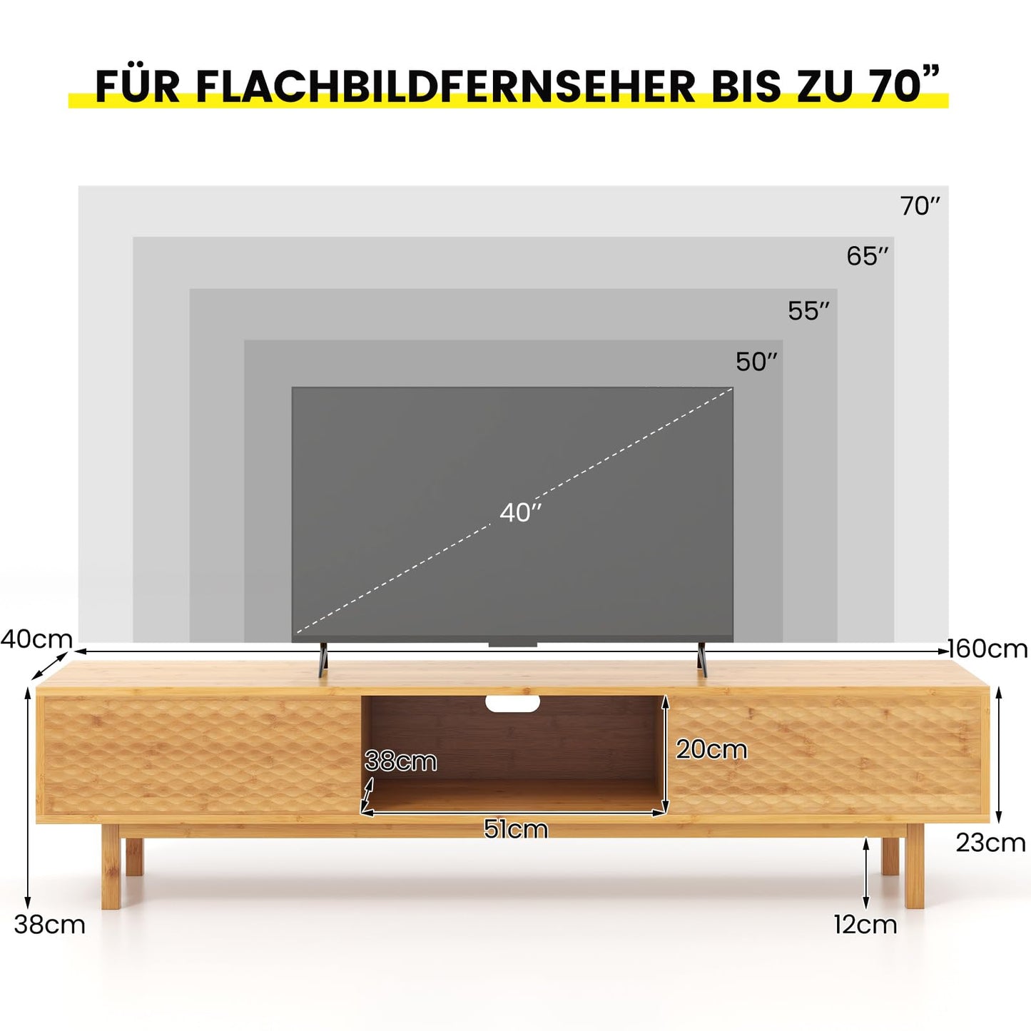 Skandynawska Szafka RTV Bambusowa z Przesuwanymi Drzwiami i Szafkami – 160x40x38 cm, szafka w kolorze naturalnym