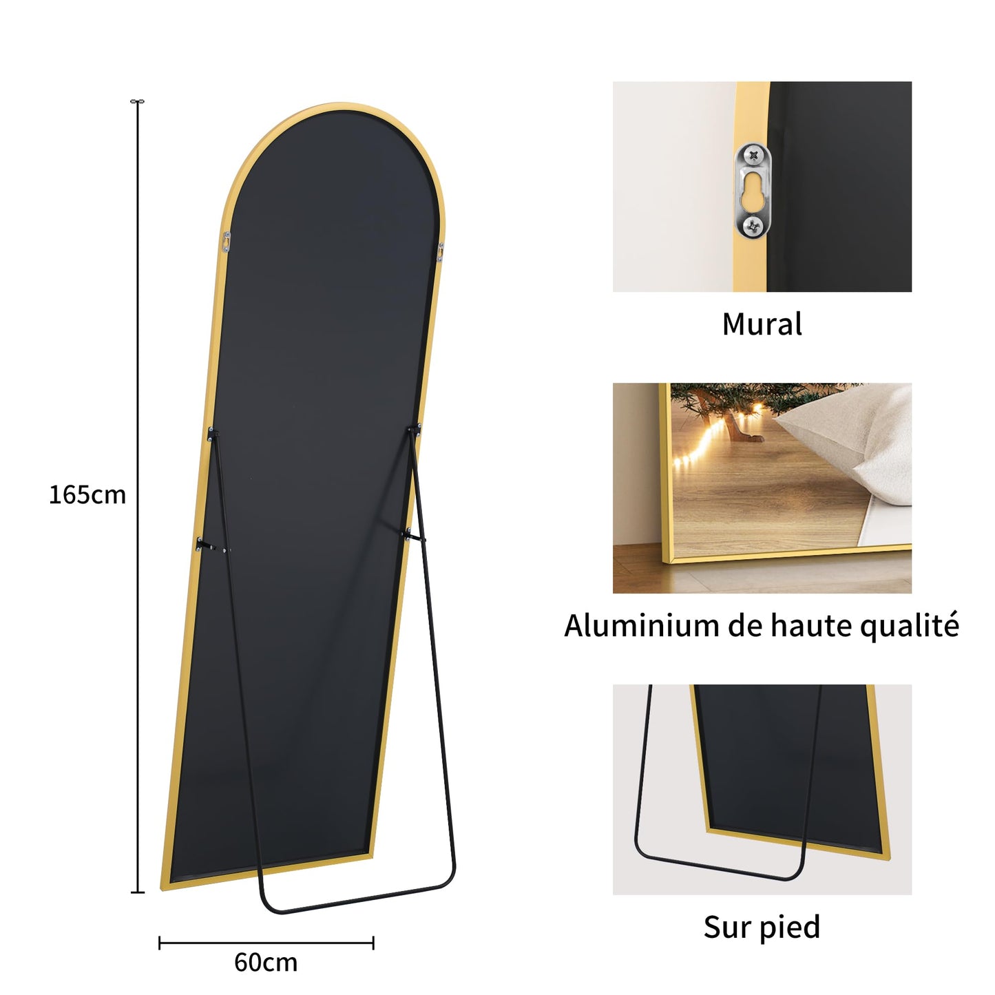COFENY Łukowe lustro podłogowe, aluminiowa rama duże lustro ścienne 60 x 165 cm, lustro podłogowe do postawienia lub zawieszenia do salonu, sypialni, przedpokoju, złota