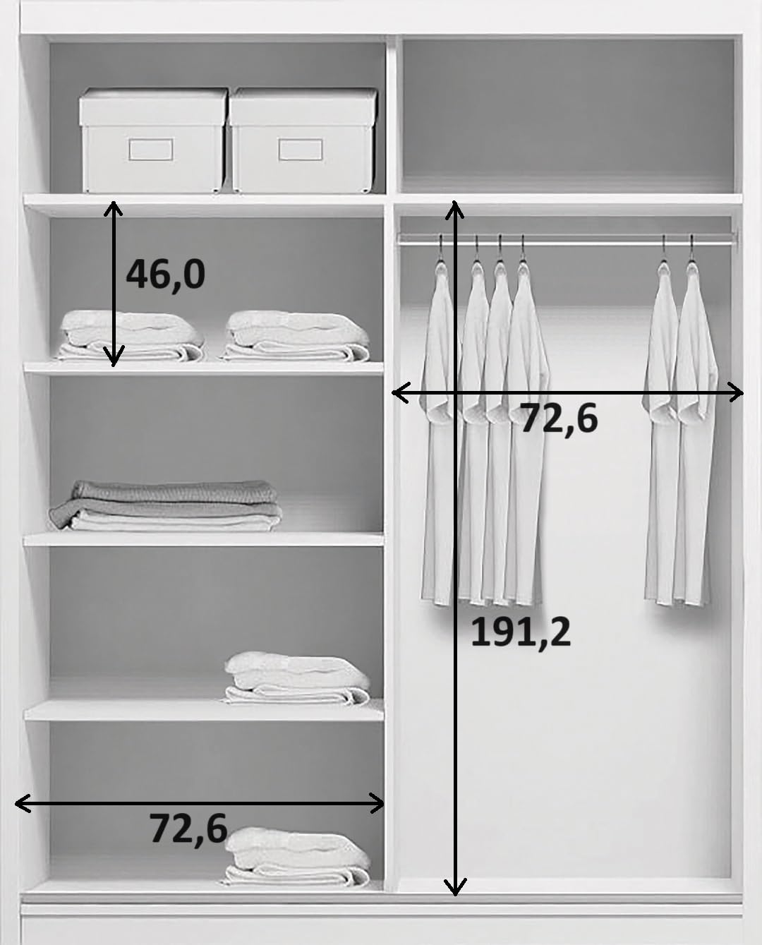 Duża szafa przesuwna z lustrem, 150x245x62 cm, biała, z półkami i drążkiem – szafa garderobiana