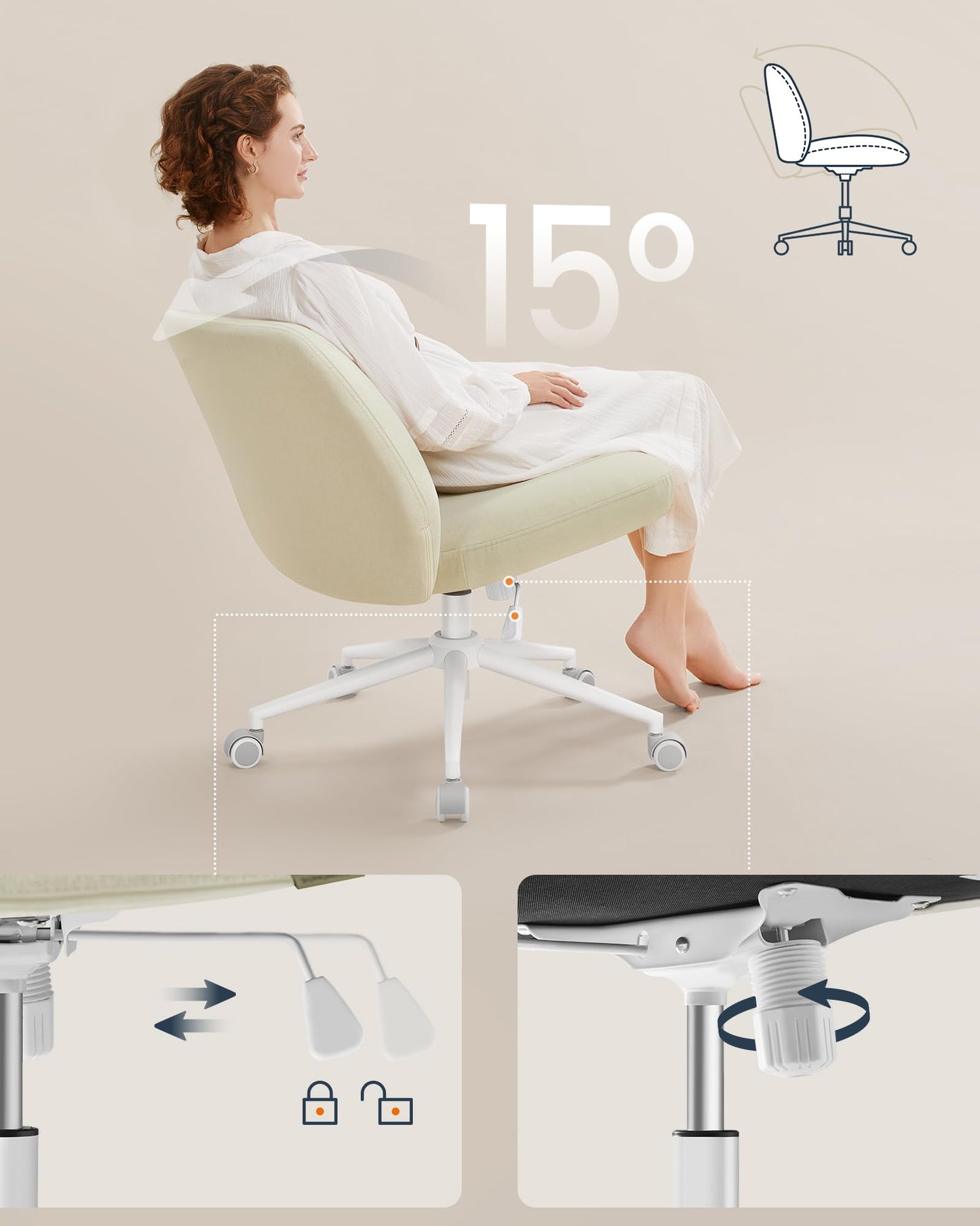Minimalistyczne Krzesło biurowe obrotowe – kremowo-białe, bez podłokietników, z regulacją wysokości, funkcją bujania