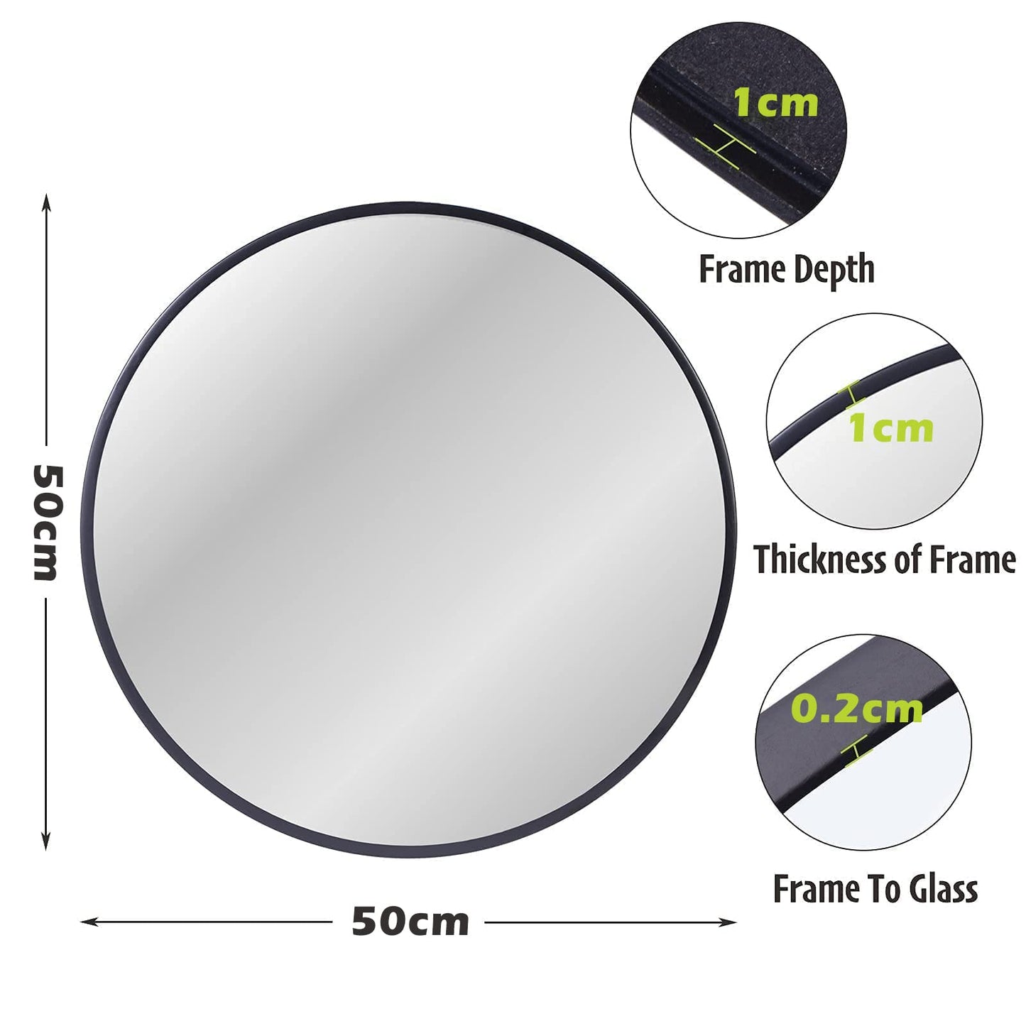 zenmag Okrągłe lustro ścienne, 50 x 50 cm, z wysokiej jakości czarną metalową ramą, lustro łazienkowe, nowoczesne wzornictwo, duże lustro, do przedpokoju, łazienki, salonu i wielu innych