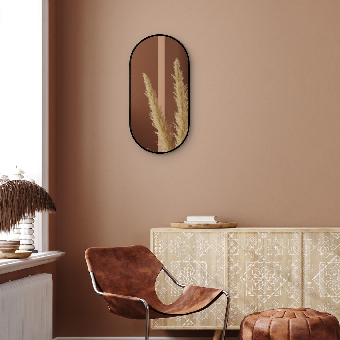 Americanflat Czarne owalne lustro z aluminiową ramą, czarne lustro łazienkowe, czarne lustro do salonu i sypialni, z nowoczesną zaokrągloną ramą i osprzętem wiszącym, 30 x 60 cm