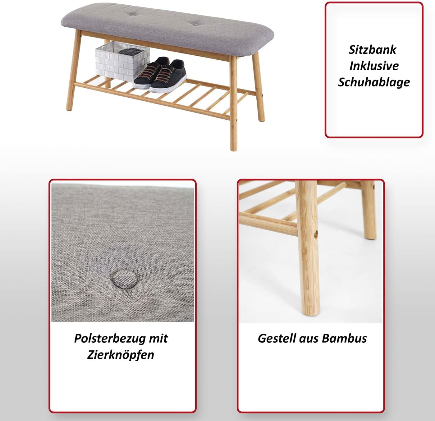 Ławka do siedzenia, drewniana szafka na buty , ławka tapicerowana, ławka do odkładania butów, bambus, 44 x 90 x 34 cm