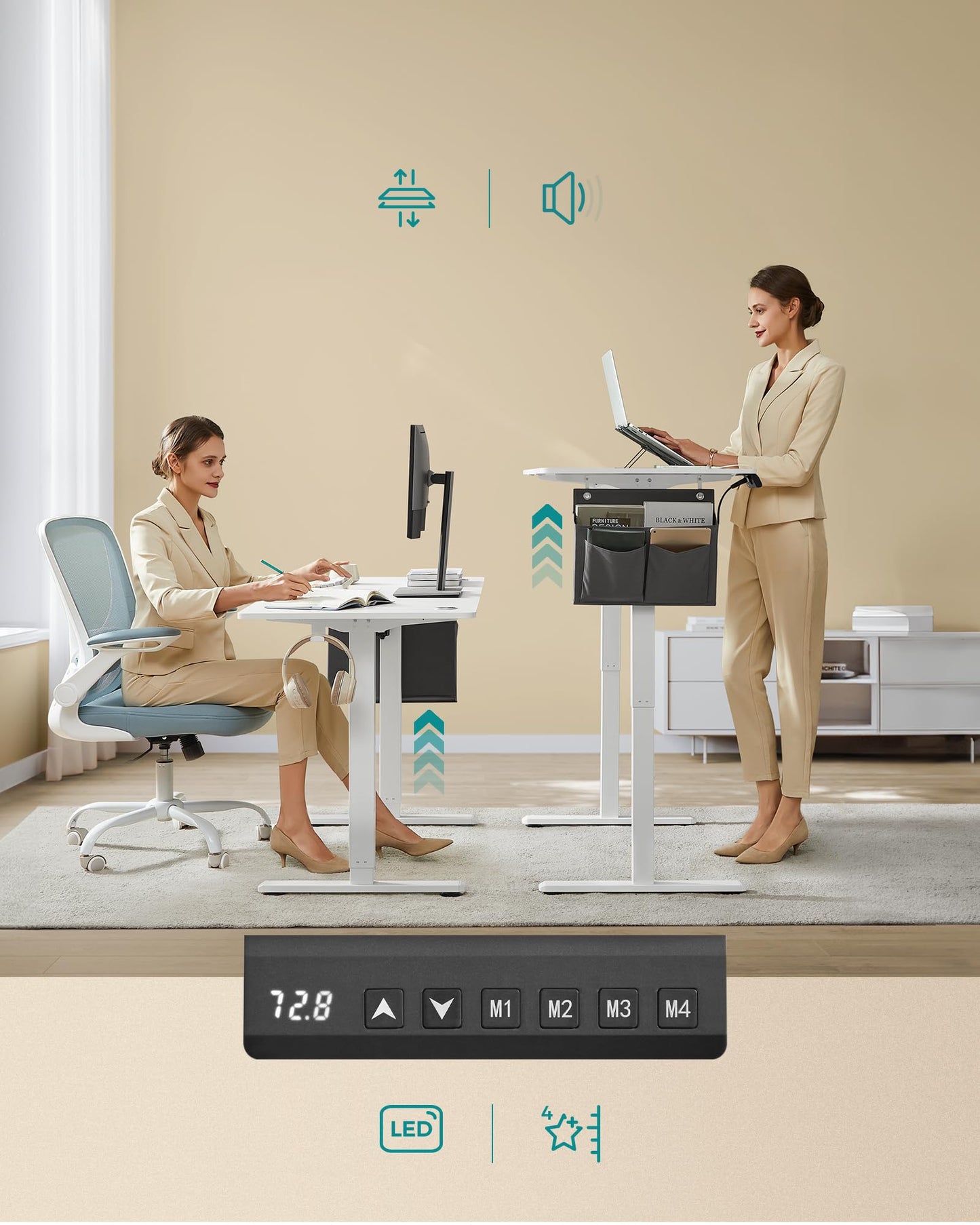 Elektryczne biurko do pracy na siedząco, z regulacją wysokości, 60 x 120 x (72-120) cm, 4 wysokości przechowywania, do biura