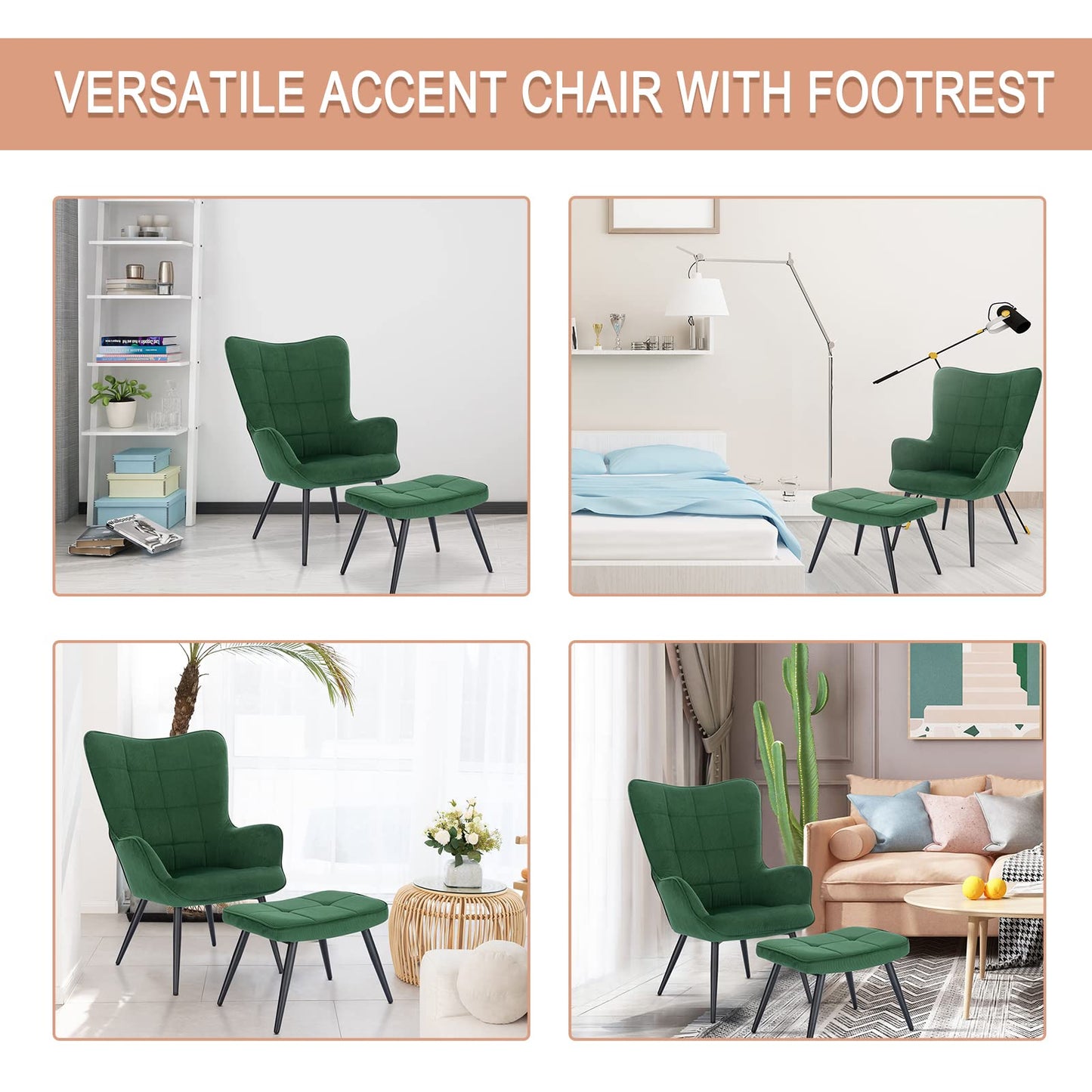 Fotel relaksacyjny vintage retro zielony z wygodnym taboretem, tapicerowany fotel uszny do salonu - fotel zieleń butelkowa