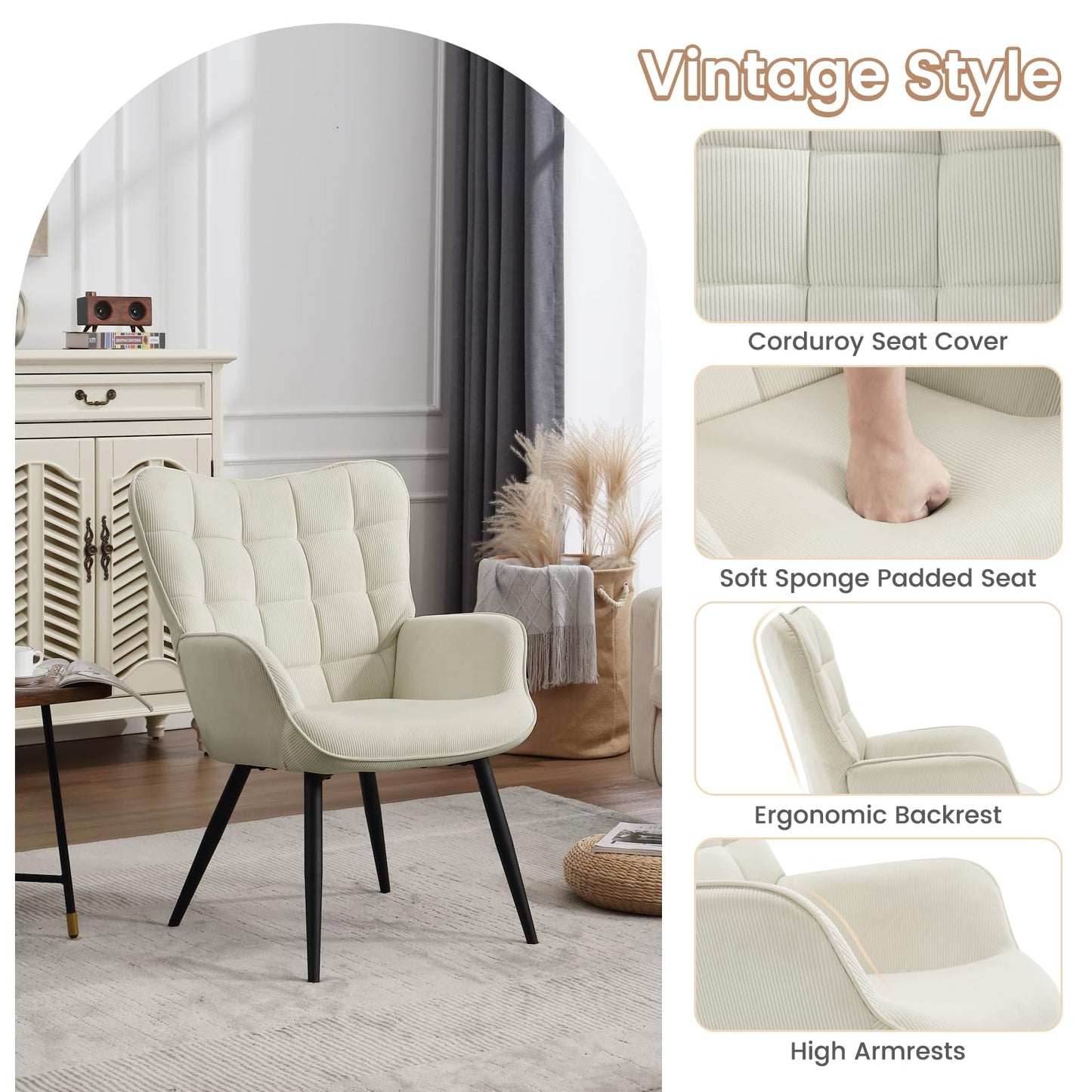 Fotel z uszami kremowo-biały, vintage fotel telewizyjny do czytania, z metalowymi nogami, tapicerowany sztruksem