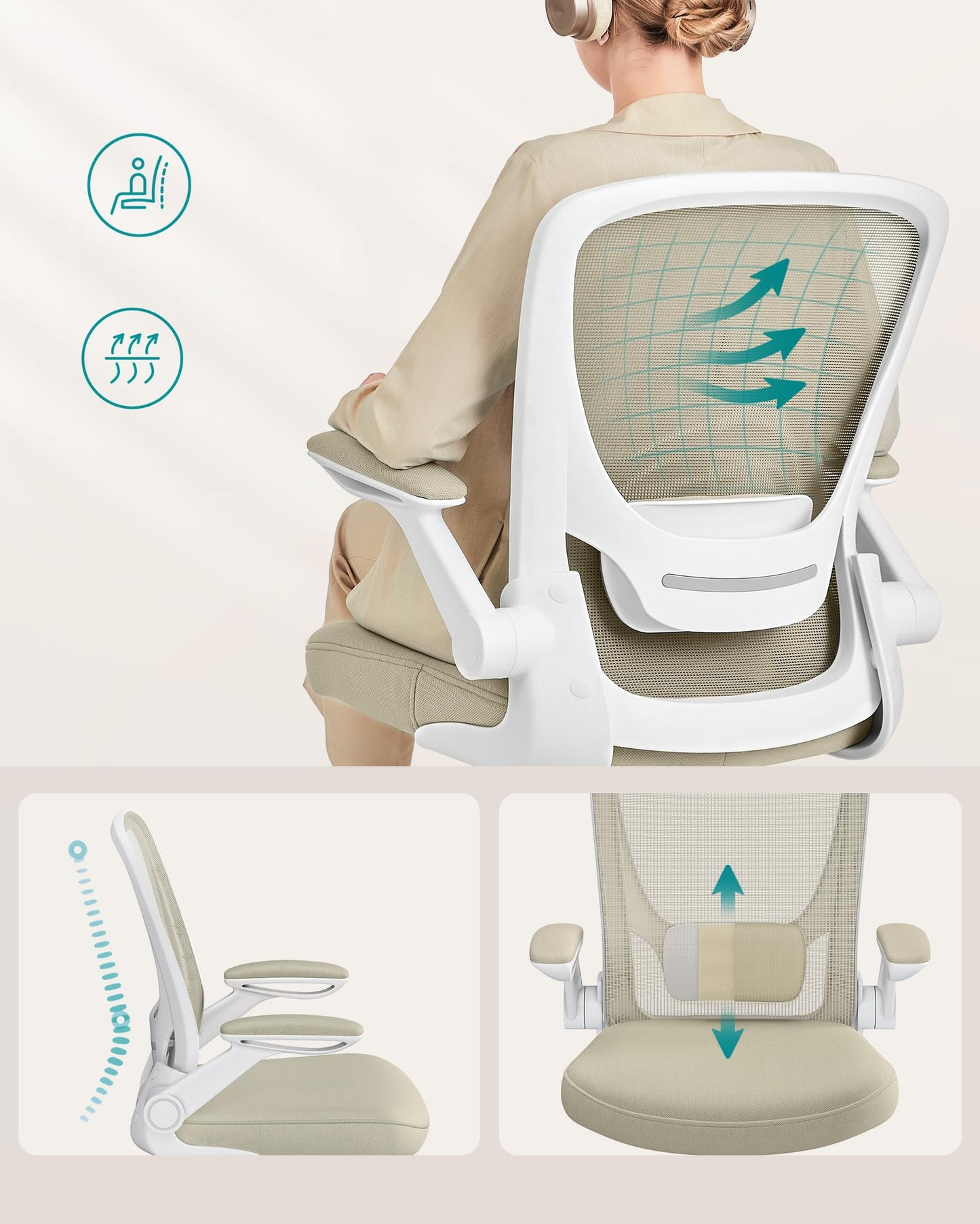 Krzesło biurowe, krzesło biurowe, ergonomiczne, podparcie lędźwiowe, siedzisko 53 cm, składane podłokietniki