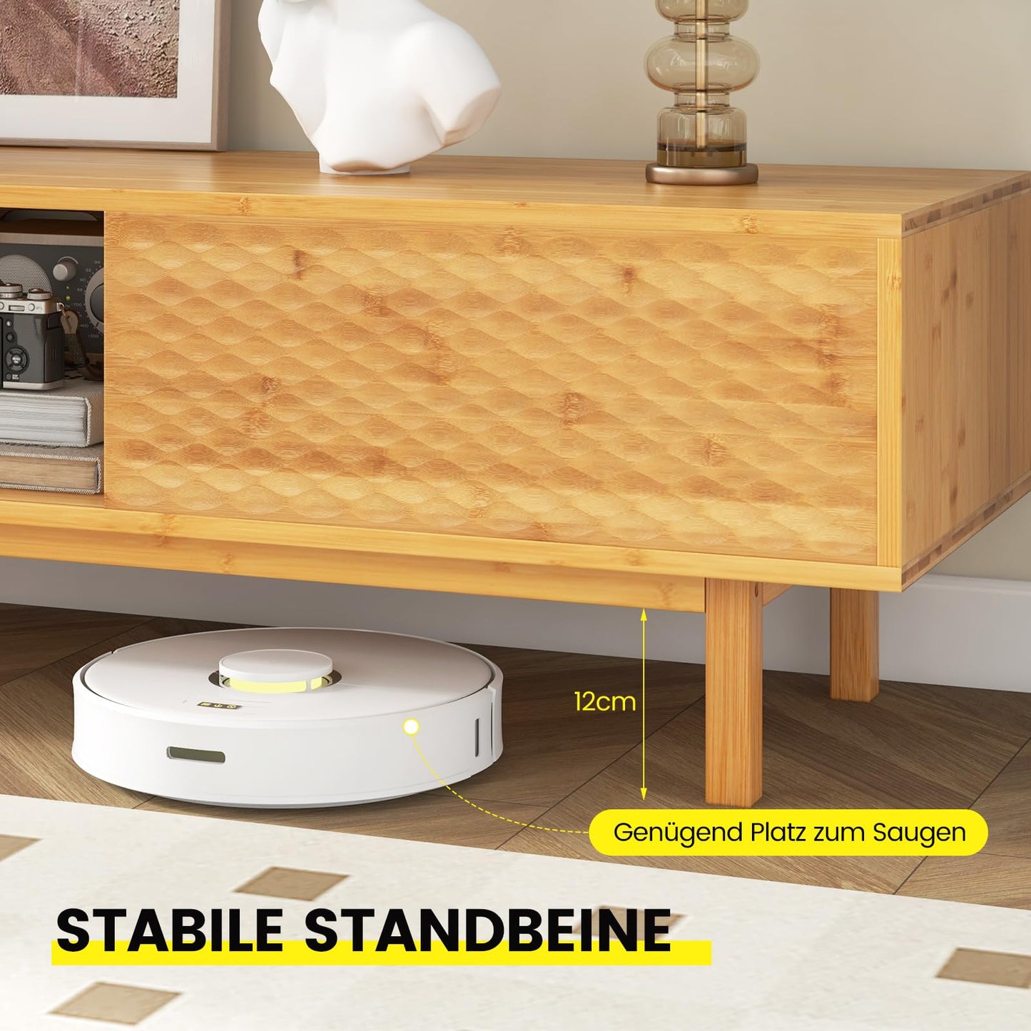 Skandynawska Szafka RTV Bambusowa z Przesuwanymi Drzwiami i Szafkami – 160x40x38 cm, szafka w kolorze naturalnym